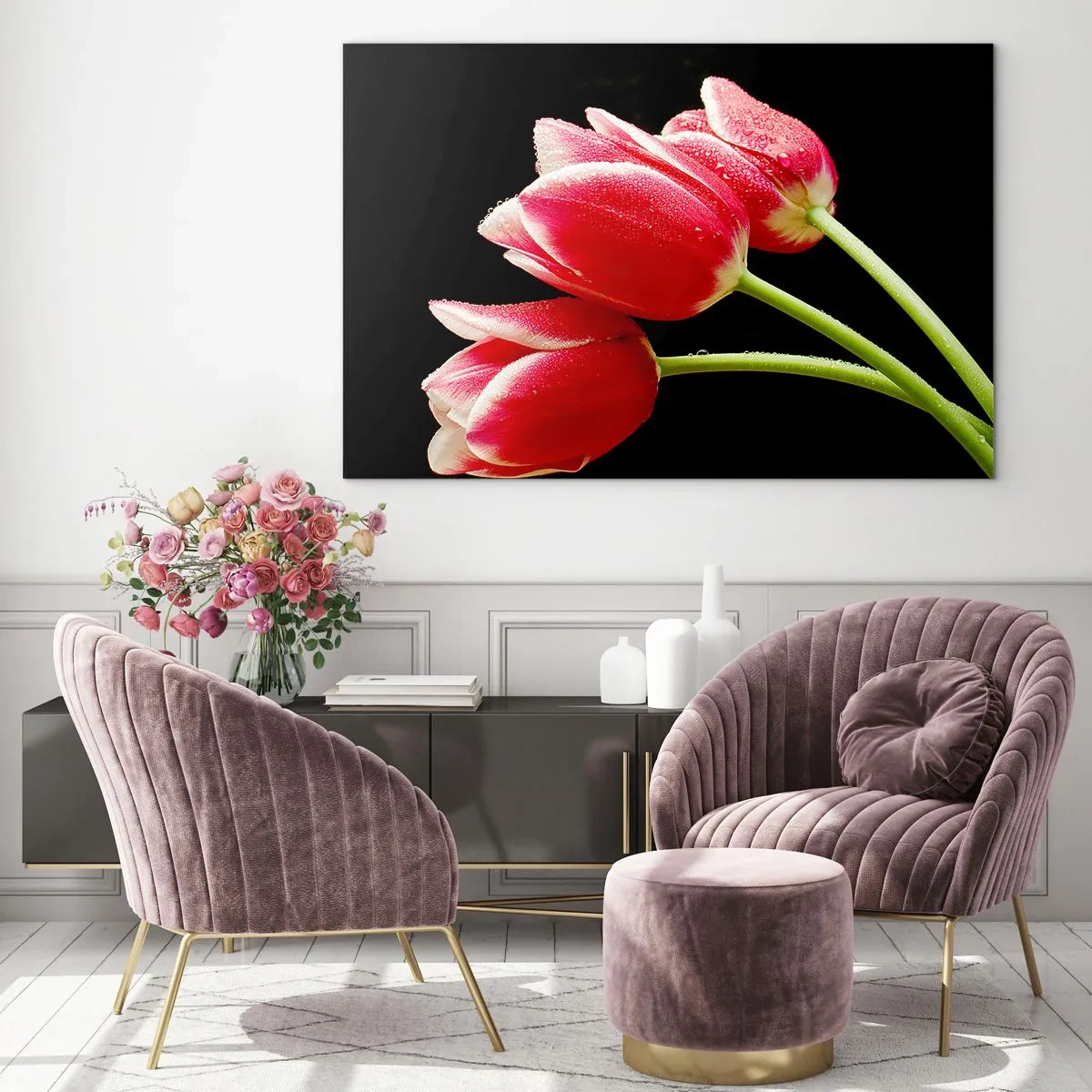Glasbild - Bild auf glas - Rote Tulpen mit Tautropfen auf schwarzem Hintergrund - 120x80cm - Ein Versprechen der reinen Liebe - Moderne Wanddekoration für Wohnzimmer und Schlafzimmer ARTTOR