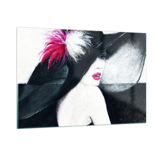 Glasbild - Bild auf glas - Porträt einer Frau mit großem Hut und rosa Feder - 120x80cm - Immer ein Geheimnis - Moderne Wanddekoration für Wohnzimmer und Schlafzimmer ARTTOR