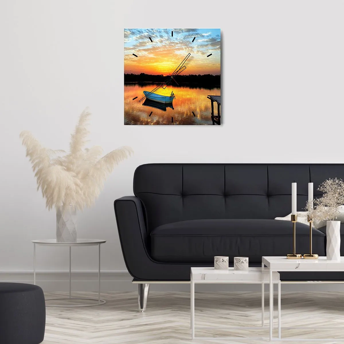 Wanduhr - Glasuhr - Ein Boot auf einem ruhigen See bei Sonnenuntergang - 30x30cm - Schauen, hören, meditieren - Moderne Wanddekoration für Wohnzimmer und Schlafzimmer ARTTOR