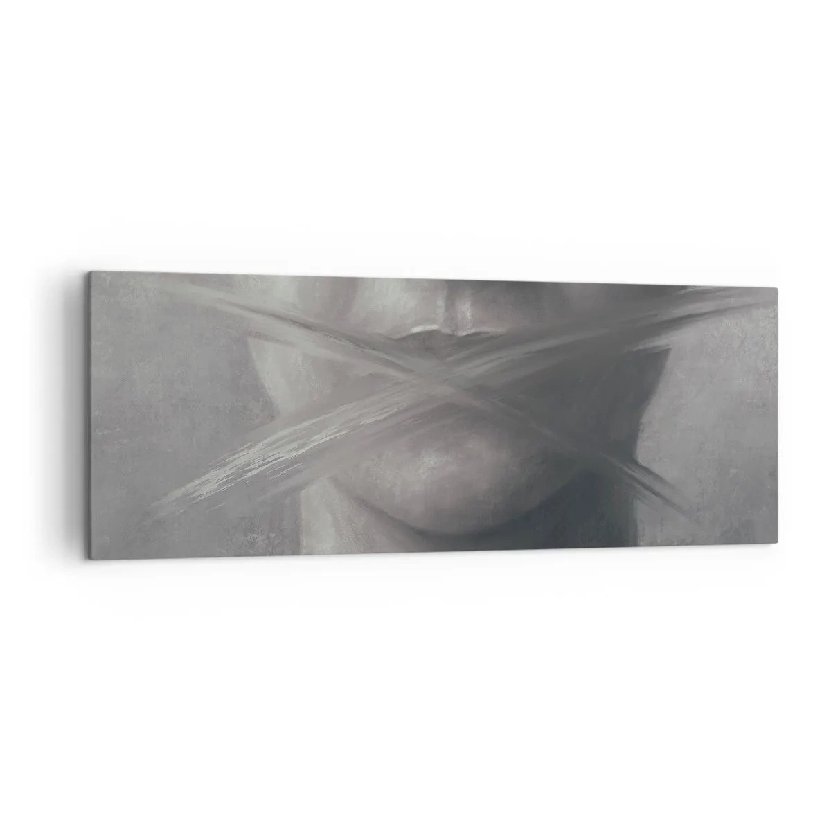 Bild auf Leinwand - Leinwandbild - Ein symbolisches Porträt mit verschwommenen Lippen in Grautönen. - 140x50cm - Ohne ein Wort - Moderne Wanddekoration für Wohnzimmer und Schlafzimmer ARTTOR