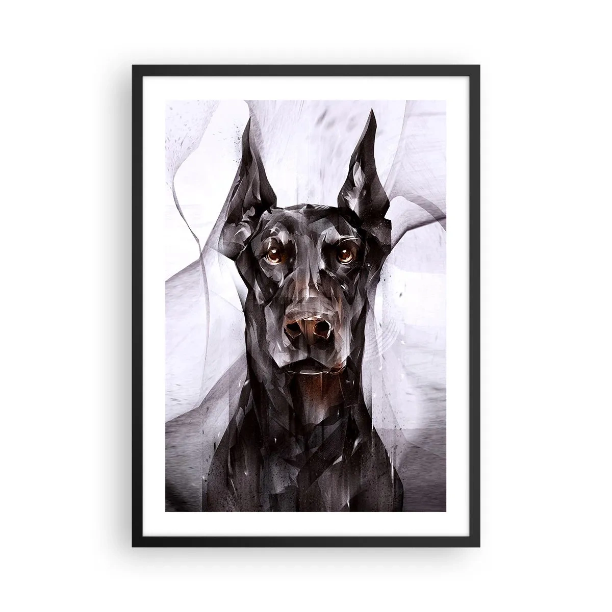 Poster in einem schwarzem Rahmen - Künstlerisches Porträt eines schwarzen Hundes im geometrischen Stil - 50x70cm - Edelgeboren - Moderne Wanddekoration für Wohnzimmer und Schlafzimmer ARTTOR