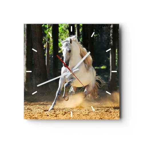 Wanduhr - Glasuhr - Ein weißes Pferd galoppiert durch eine Waldlichtung - 30x30cm - Wie aus einem Fantasy-Roman - Moderne Wanddekoration für Wohnzimmer und Schlafzimmer ARTTOR