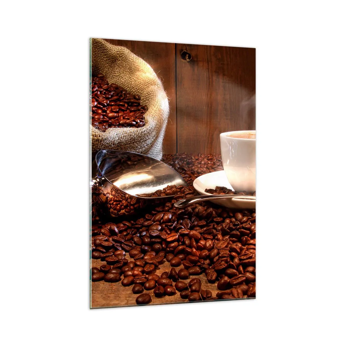Glasbild - Bild auf glas - Eine Tasse Kaffee mit Kaffeebohnen und einem Getreidesack im Hintergrund - 70x100cm - Fühlst du diesen Geruch? - Moderne Wanddekoration für Wohnzimmer und Schlafzimmer ARTTOR