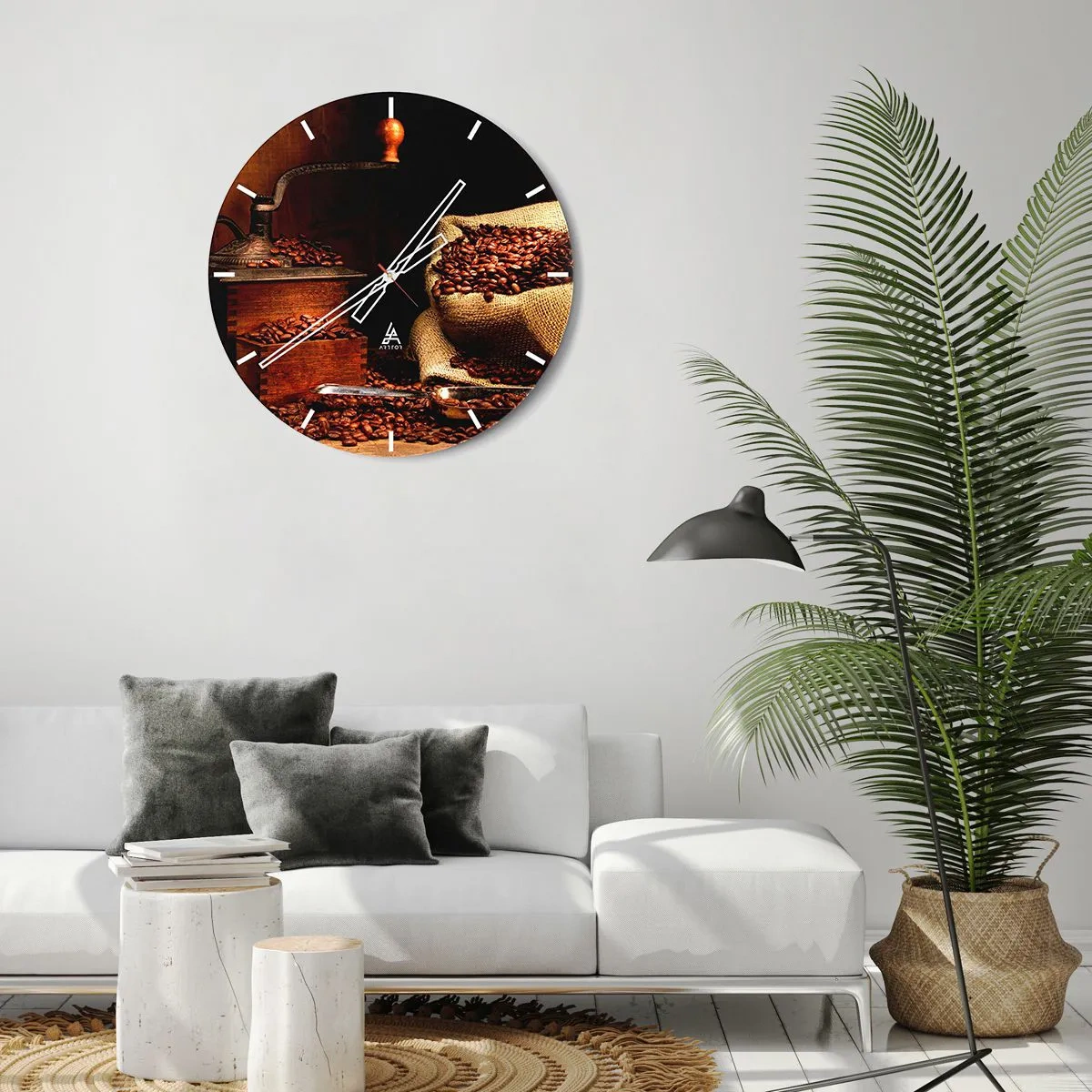 Wanduhr - Glasuhr - Kaffeebohnen und eine Mühle im rustikalen Stil - 30x30cm - Stillleben mit Kaffeebohnen und einer Mühle - Moderne Wanddekoration für Wohnzimmer, Küche und Schlafzimmer ARTTOR