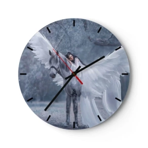 Wanduhr - Glasuhr - Eine Frau neben einem weißen Pferd mit ausgebreiteten Flügeln - 30x30cm - Ein inspirierter Moment - Moderne Wanddekoration für Wohnzimmer, Küche und Schlafzimmer ARTTOR