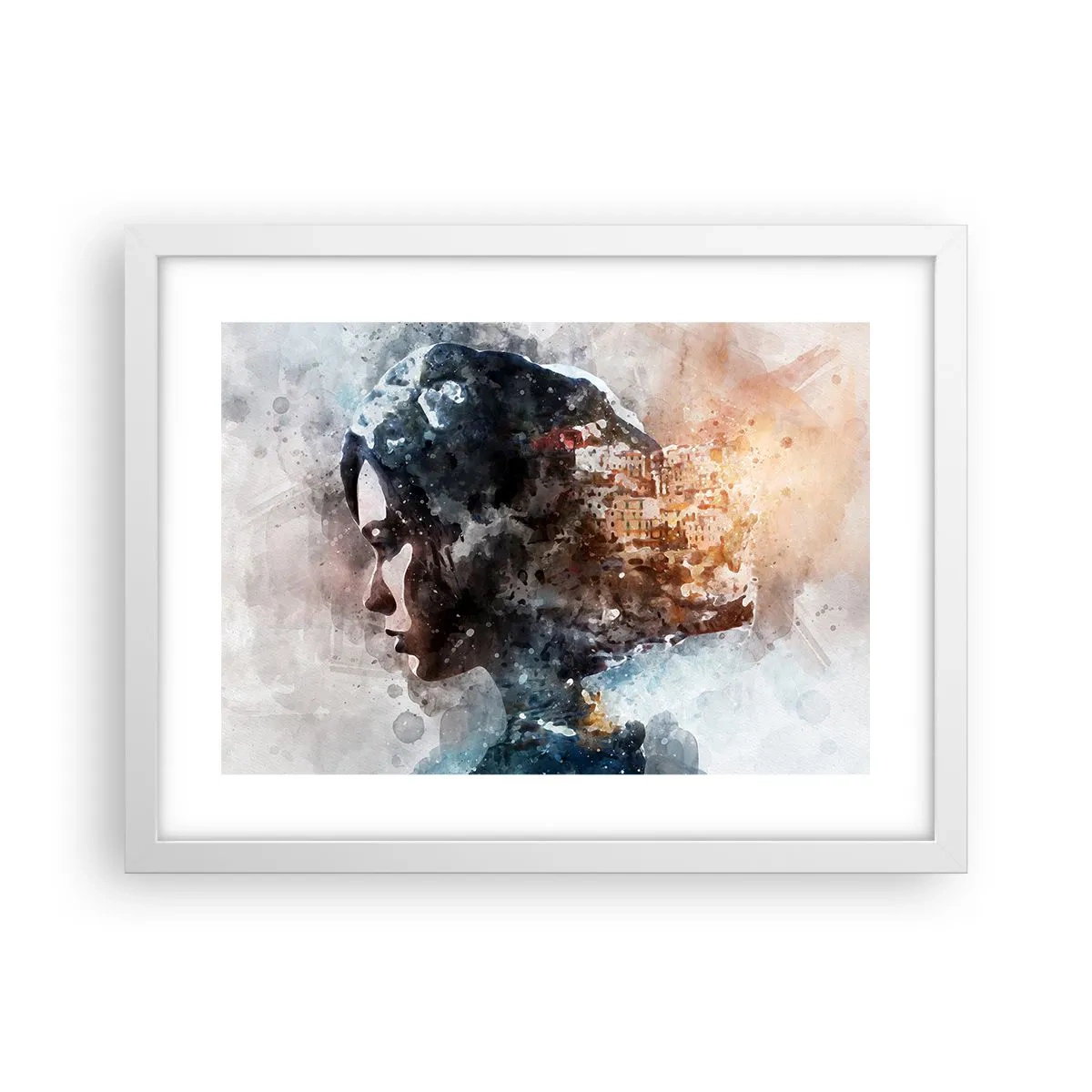 Poster in einem weißen Rahmen - Eine Geschichte über ein Mädchen mit einer Stadt im Hintergrund - 40x30 cm