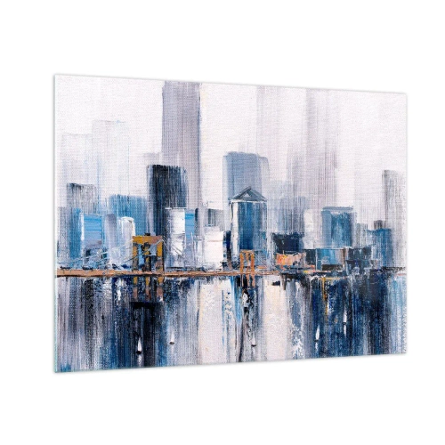 Glasbild - Bild auf glas - Abstraktes Stadtpanorama mit Wolkenkratzern und einer Brücke in kühlen Farben - 70x50cm - New Yorker Eindruck - Moderne Wanddekoration für Wohnzimmer und Schlafzimmer ARTTOR