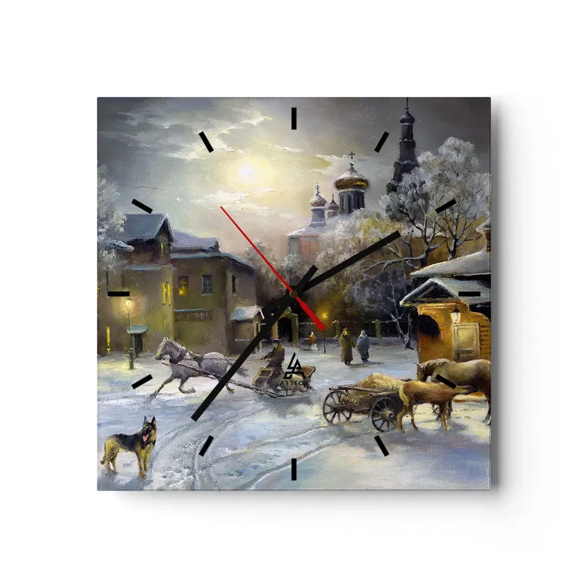 Wanduhr - Glasuhr - Winterlandschaft in einer russischen Stadt mit Schlitten und Kirche - 30x30cm - Die Magie des russischen Winters - Moderne Wanddekoration für Wohnzimmer und Schlafzimmer ARTTOR