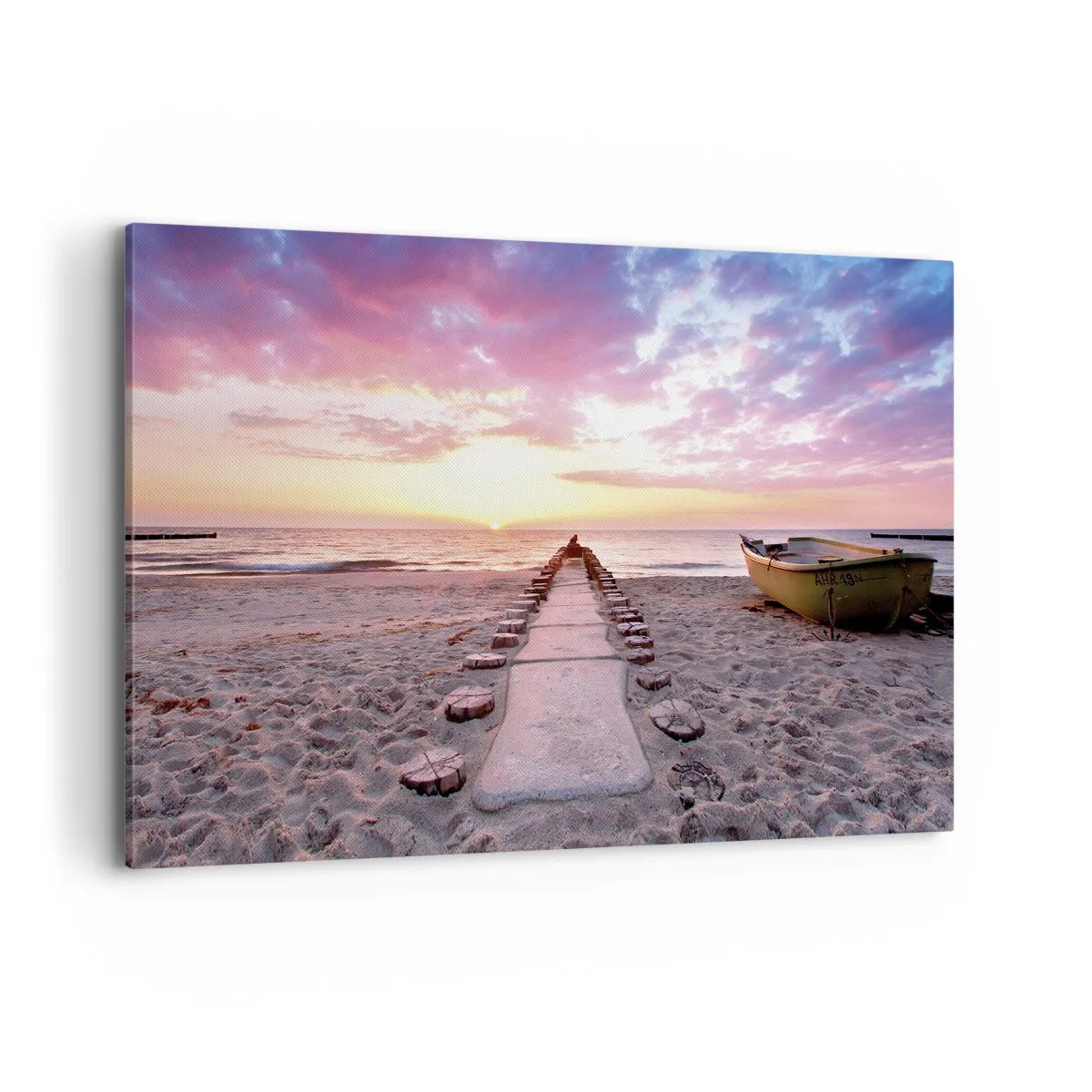Bild auf Leinwand - Leinwandbild - Sunrise Beach mit Boot und Pier - 100x70cm - Ein Moment tiefer Erfahrung - Moderne Wanddekoration für Wohnzimmer und Schlafzimmer ARTTOR