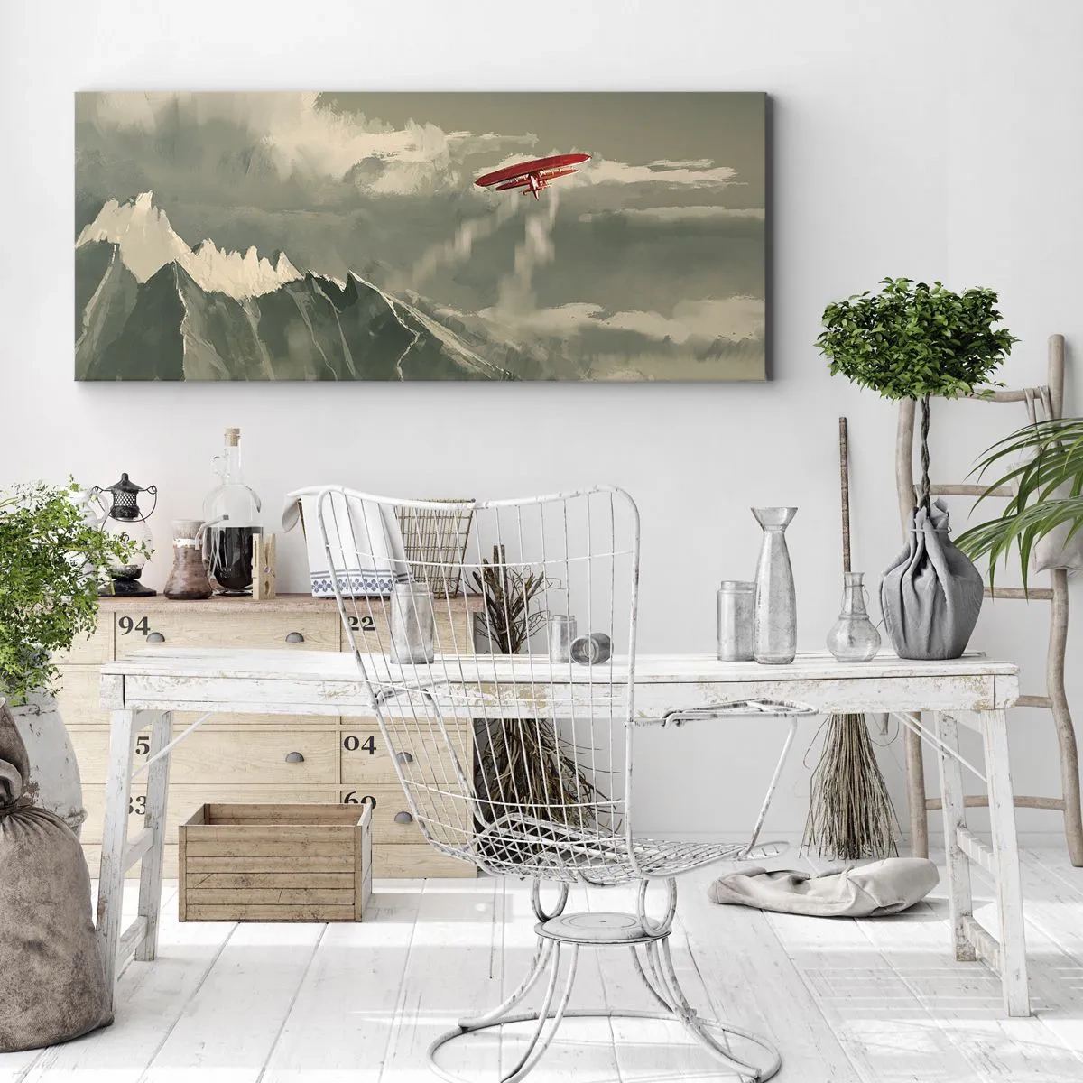 Bild auf Leinwand - Leinwandbild - Rotes Flugzeug über schneebedeckten Bergen - 160x50cm - Furchtloser Pionier - Moderne Wanddekoration für Wohnzimmer und Schlafzimmer ARTTOR