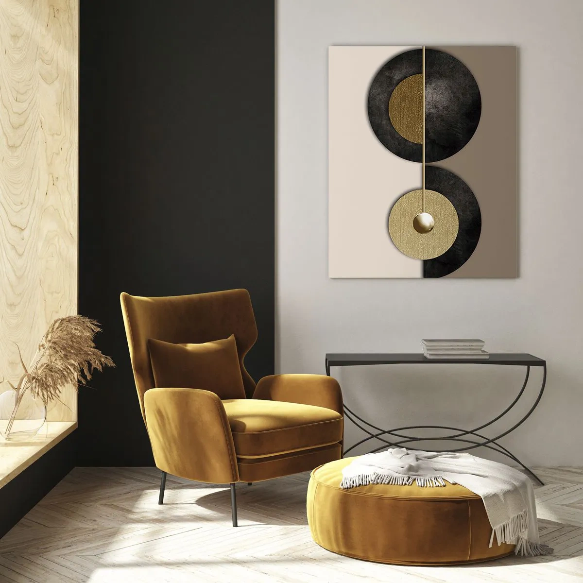 Glasbild - Bild auf glas - Geometrische Kreise in Gold und Schwarz auf beigem Hintergrund - 50x70cm - Variationen rund um den Kreis - Moderne Wanddekoration für Wohnzimmer und Schlafzimmer ARTTOR