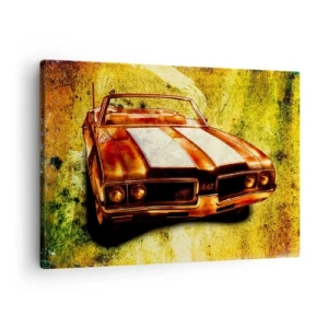 Bild auf Leinwand - Leinwandbild - Ein sportliches Retro-Cabrio in Goldtönen vor Vintage-Hintergrund - 70x50cm - In Formen verzauberte Kraft - Moderne Wanddekoration für Wohnzimmer und Schlafzimmer ARTTOR