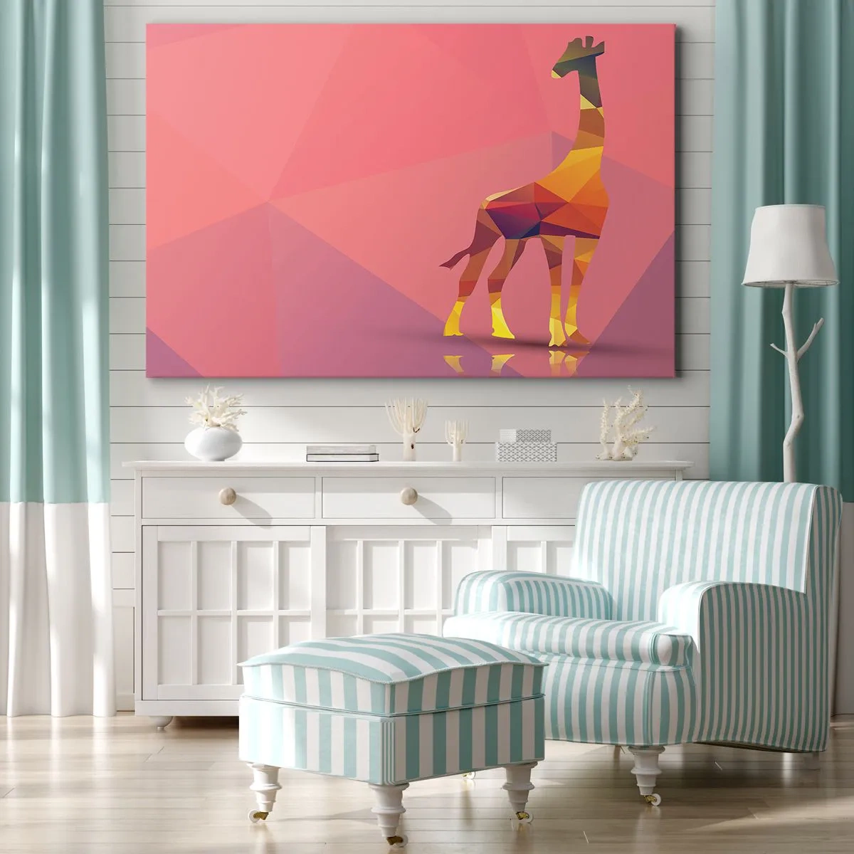 Bild auf Leinwand - Leinwandbild - Geometrische Giraffensilhouette in Pastelltönen von Rosa und Gelb - 120x80cm - In den Farben der Savanne - Moderne Wanddekoration für Wohnzimmer und Schlafzimmer ARTTOR