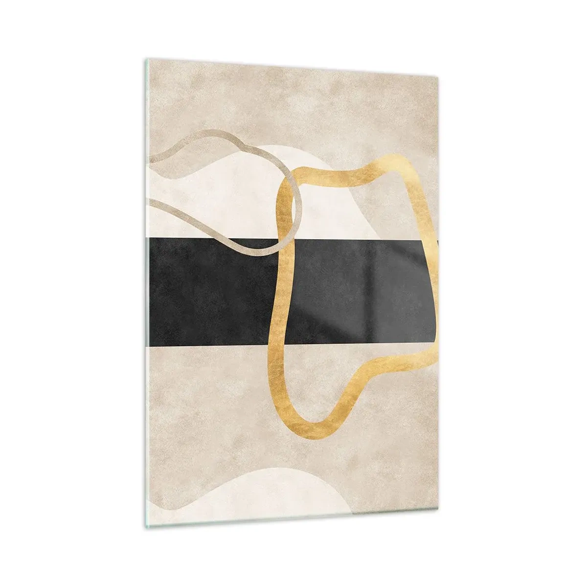 Glasbild - Bild auf glas - Goldene und beige Linien bilden Schleifenformen vor einem schwarzen Streifenhintergrund. - 50x70cm - Schleifenformen - Moderne Wanddekoration für Wohnzimmer und Schlafzimmer ARTTOR