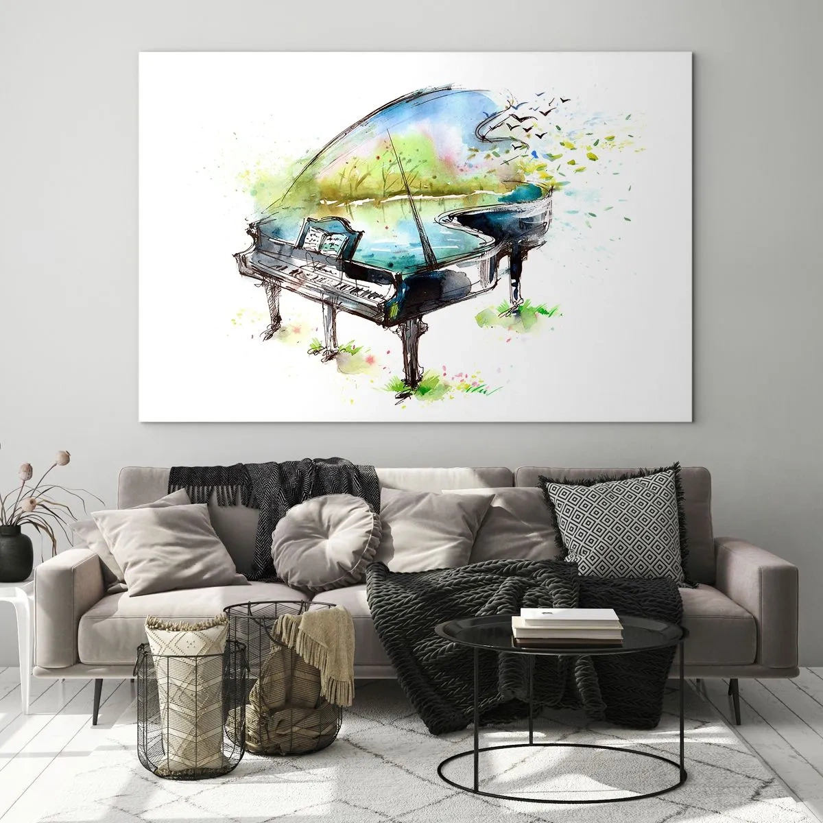 Glasbild - Bild auf glas - Aquarell eines Klaviers inmitten der Natur - 120x80cm - Von Musik verzaubert - Moderne Wanddekoration für Wohnzimmer und Schlafzimmer ARTTOR
