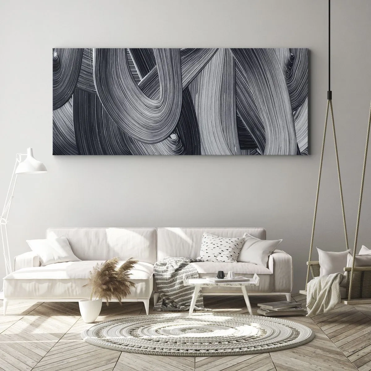 Bild auf Leinwand - Leinwandbild - Schwarz-Weiß-Abstraktion mit dynamischen Pinselstrichen. - 120x50cm - Die Fließfähigkeit der Realität - Moderne Wanddekoration für Wohnzimmer und Schlafzimmer ARTTOR