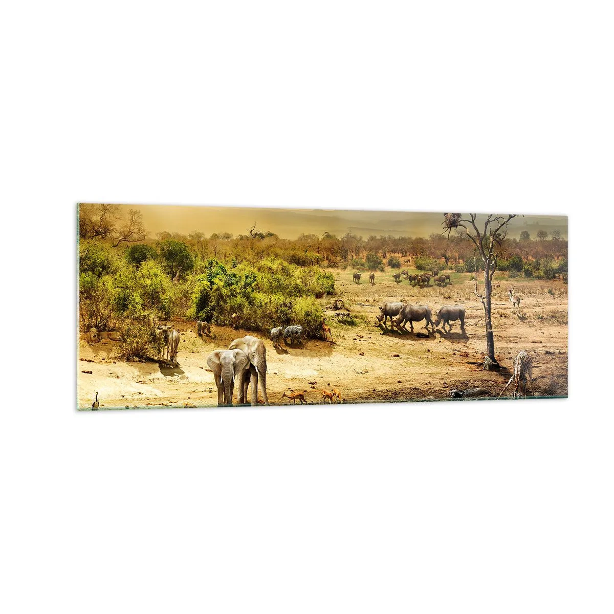 Glasbild - Bild auf glas - Elefanten und Wildtiere an einer Wasserstelle bei Sonnenuntergang - 140x50cm - Ein Fluss floss aus Eden ... - Moderne Wanddekoration für Wohnzimmer und Schlafzimmer ARTTOR