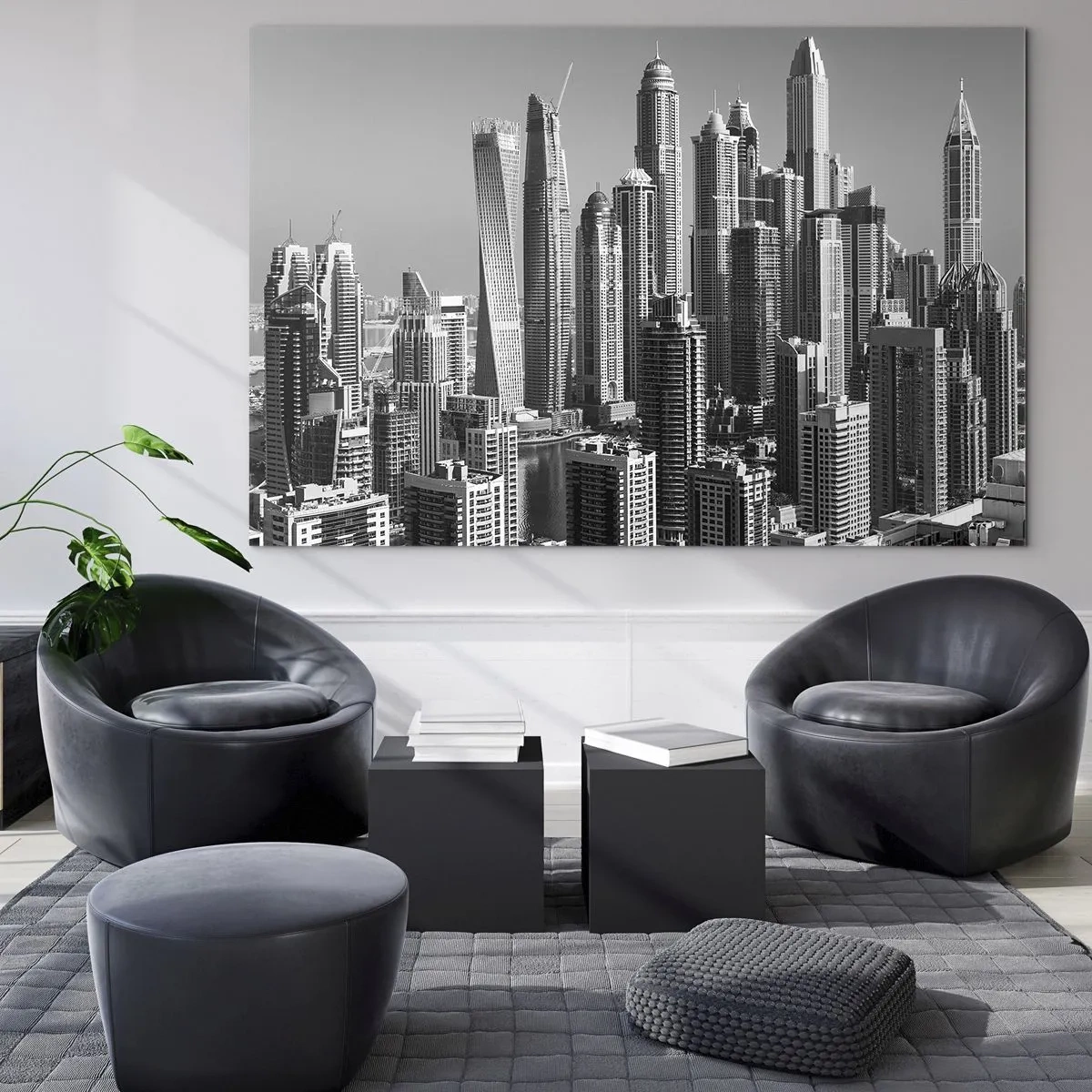 Glasbild - Bild auf glas - Schwarz-Weiß-Panorama der Wolkenkratzer der Stadt - 70x50cm - Stadt in der Wüste - Moderne Wanddekoration für Wohnzimmer und Schlafzimmer ARTTOR