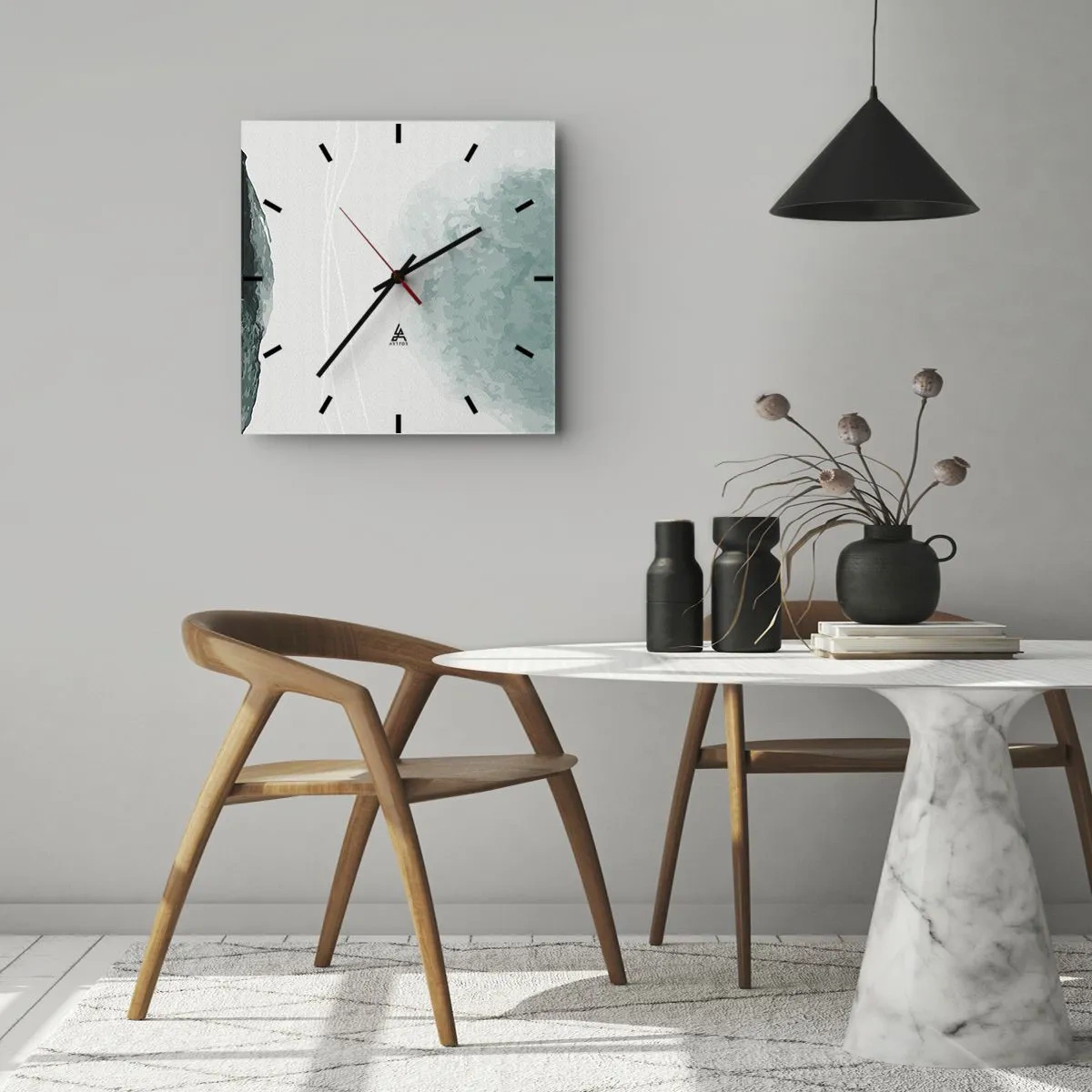Wanduhr - Glasuhr - Eine zarte abstrakte Komposition in Grüntönen mit subtilen Formen auf hellem Hintergrund. - 30x30cm - Begegnung mit Nebel - Moderne Wanddekoration für Wohnzimmer und Schlafzimmer ARTTOR