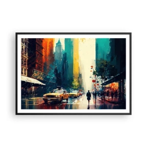 Poster in einem schwarzem Rahmen - Eine geschäftige Stadt mit Taxis und Passanten - 100x70cm - New York – selbst der Regen ist hier bunt - Moderne Wanddekoration für Wohnzimmer und Schlafzimmer ARTTOR
