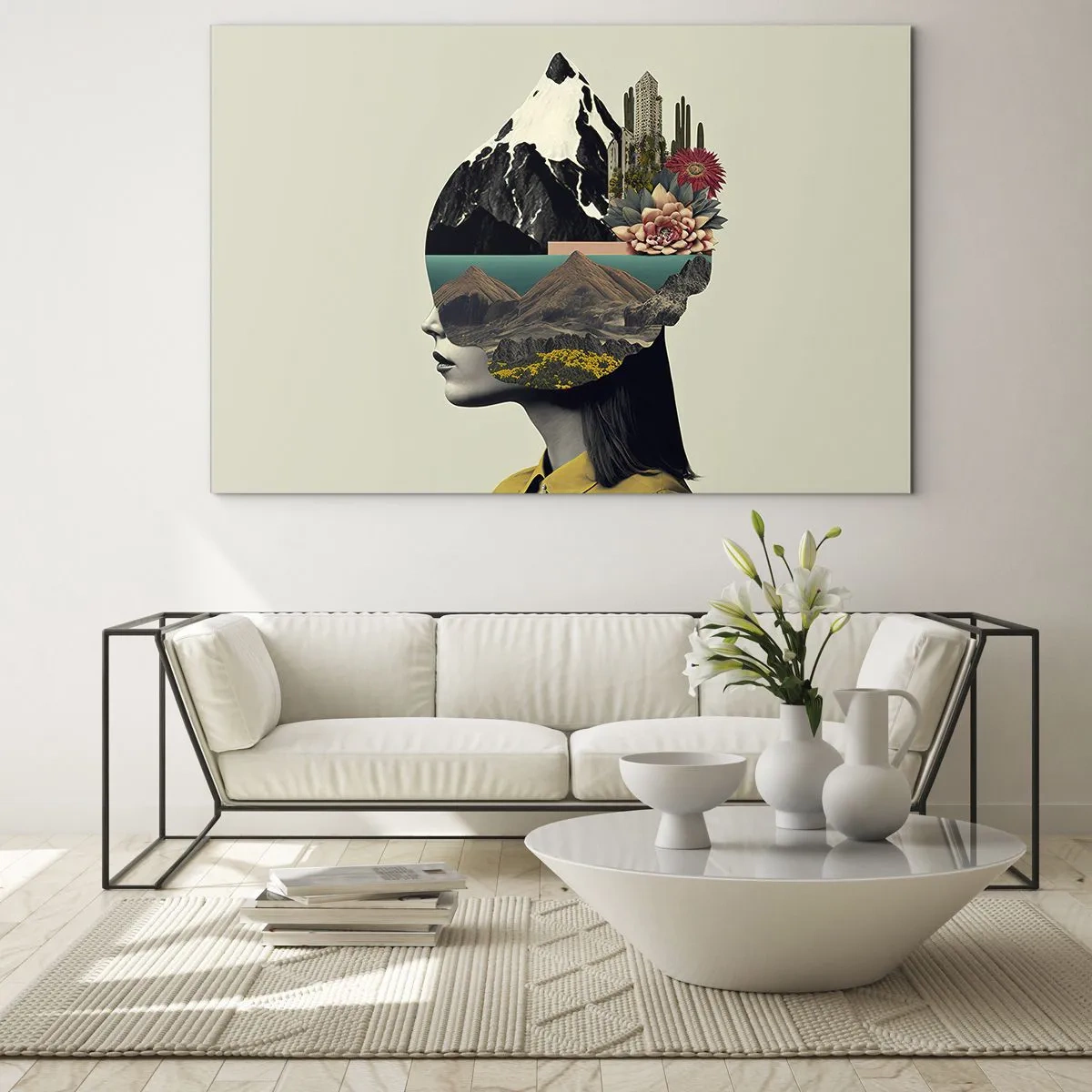 Glasbild - Bild auf glas - Silhouette einer Frau mit einer Berglandschaft und Flora im Kopf - 70x50cm - Frau – bleibt immer ein Geheimnis - Moderne Wanddekoration für Wohnzimmer und Schlafzimmer ARTTOR