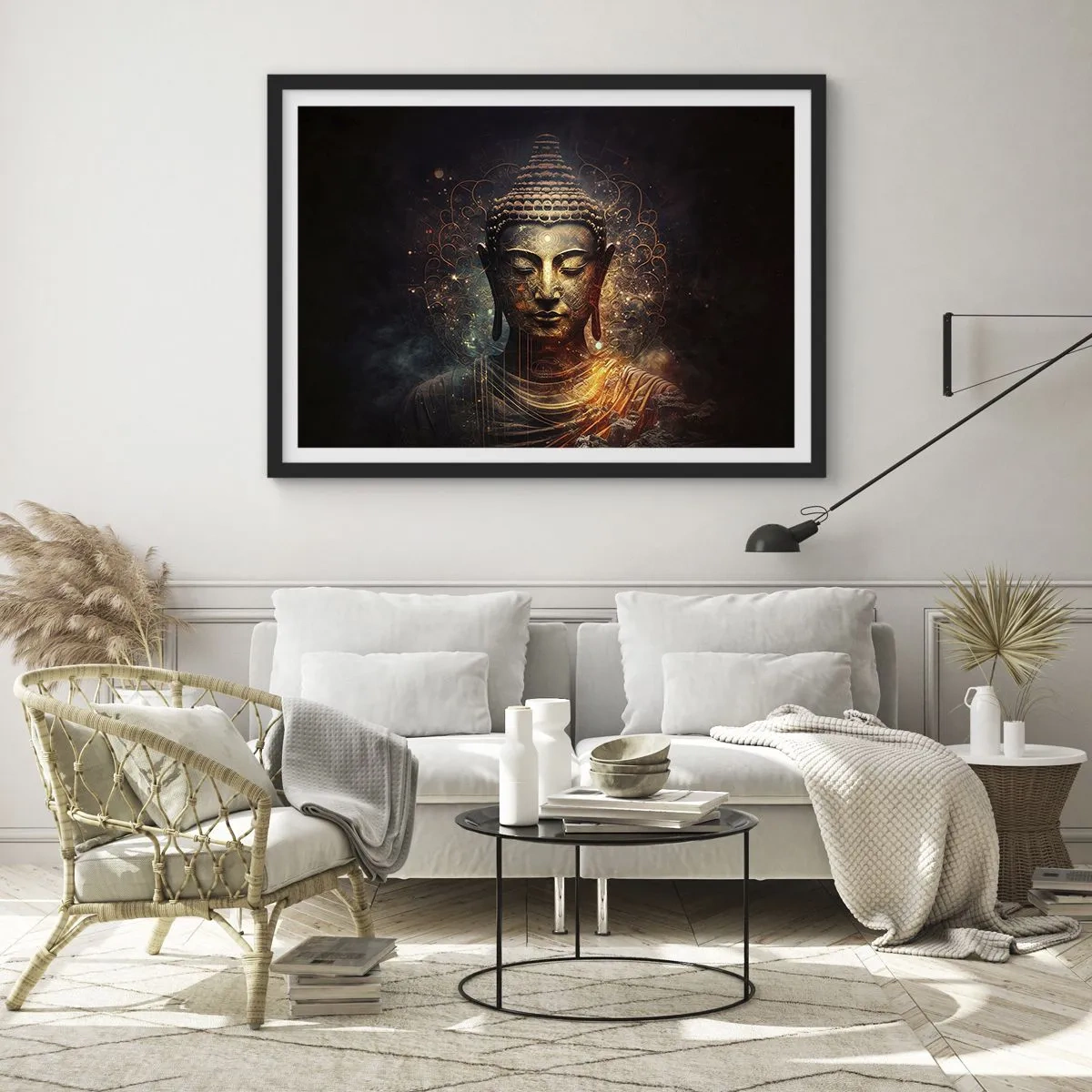 Poster in einem schwarzem Rahmen - Goldener Buddha auf dunklem Hintergrund mit Ornamenten - 70x50cm - Spirituelles Gleichgewicht - Moderne Wanddekoration für Wohnzimmer und Schlafzimmer ARTTOR