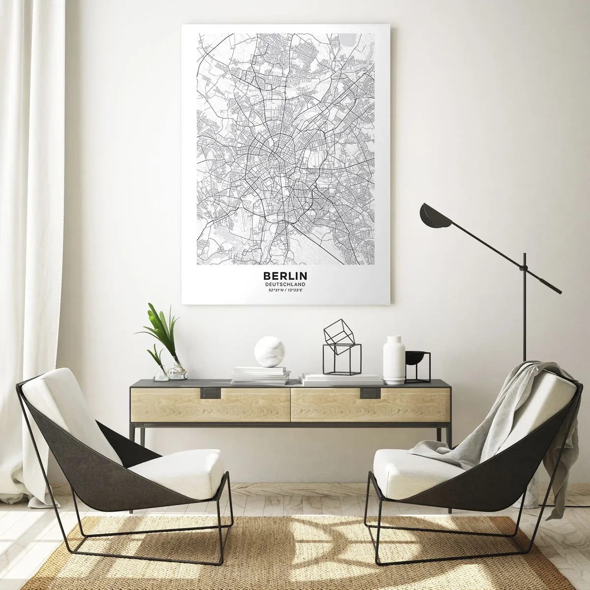 Glasbild - Bild auf glas - Detaillierter schwarz-weißer Stadtplan - 70x100cm - Berliner Blume - Moderne Wanddekoration für Wohnzimmer und Schlafzimmer ARTTOR