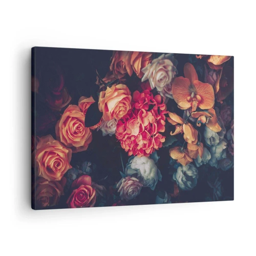 Bild auf Leinwand - Leinwandbild - Ein Strauß verschiedener Blumen in dunklen Tönen - 70x50cm - Wie bei den holländischen Meistern - Moderne Wanddekoration für Wohnzimmer und Schlafzimmer ARTTOR