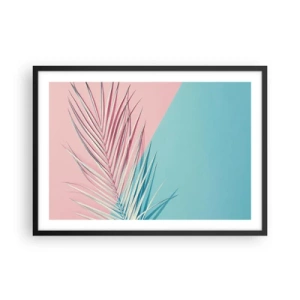 Poster in einem schwarzem Rahmen - Tropisches Blatt vor einem Hintergrund in Pastelltönen von Rosa und Blau - 70x50cm - Tropischer Eindruck - Moderne Wanddekoration für Wohnzimmer und Schlafzimmer ARTTOR