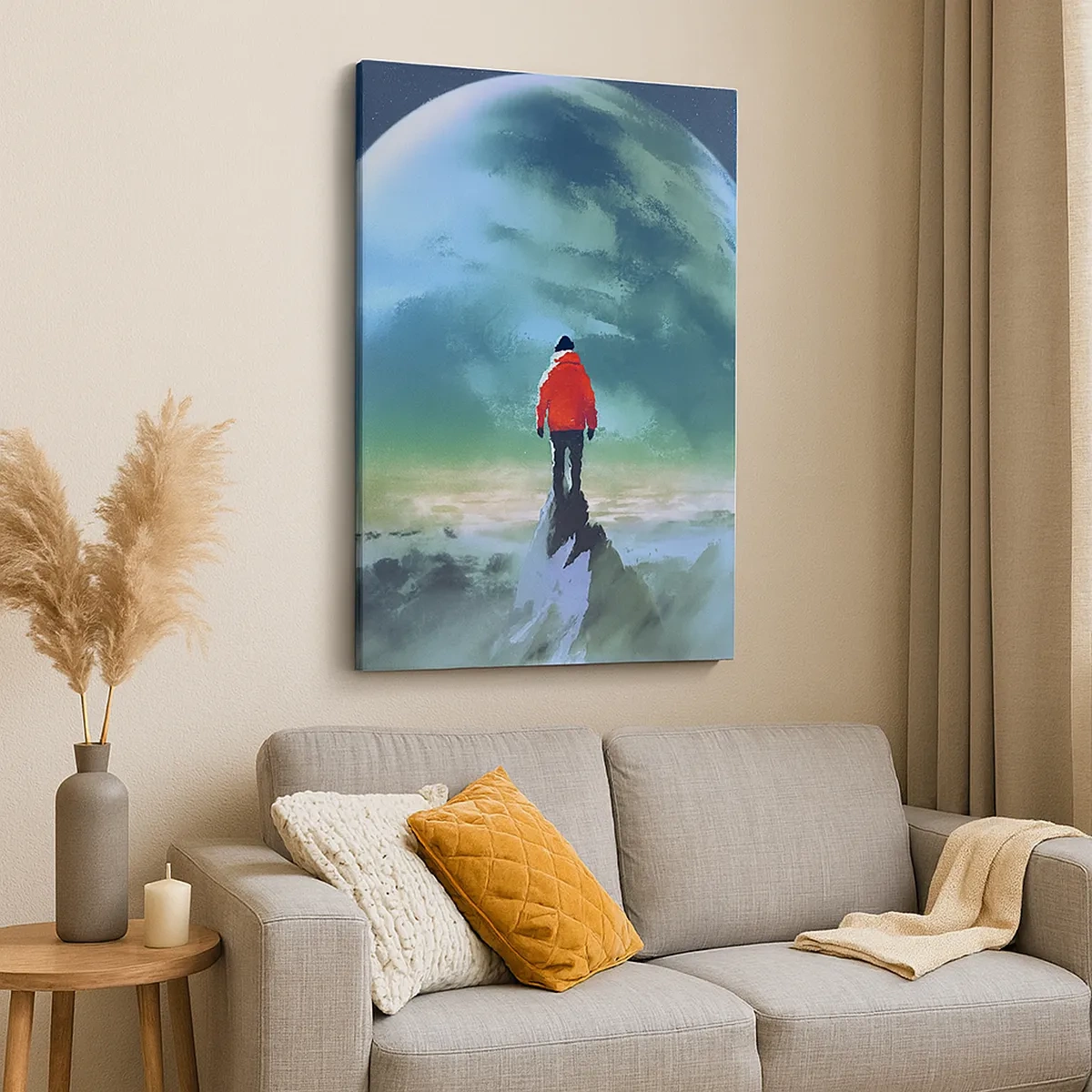Bild auf Leinwand - Leinwandbild - Ein Mann in einer roten Jacke steht vor einem großen Planeten mit Sternen im Hintergrund. - 50x70cm - Entdecker des neuen Landes - Moderne Wanddekoration für Wohnzimmer und Schlafzimmer ARTTOR