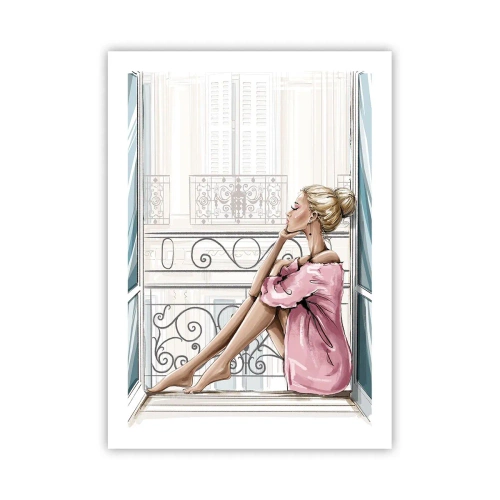 Poster - Eine Frau im rosa Bademantel sitzt auf einem Balkon - 50x70cm - Pariser Morgen - Moderne Wanddekoration für Wohnzimmer und Schlafzimmer ARTTOR