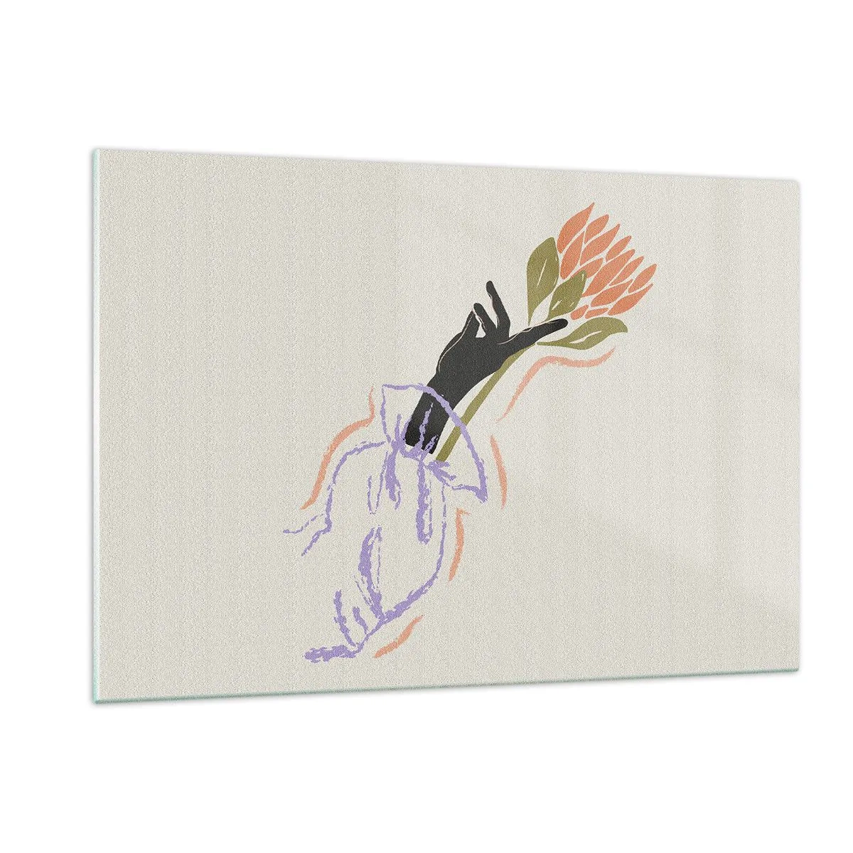 Glasbild - Bild auf glas - Eine stilisierte Hand mit einem Blumenstrauß, gezeichnet mit Pastelllinien. - 120x80cm - Schwesterliche Berührung - Moderne Wanddekoration für Wohnzimmer und Schlafzimmer ARTTOR