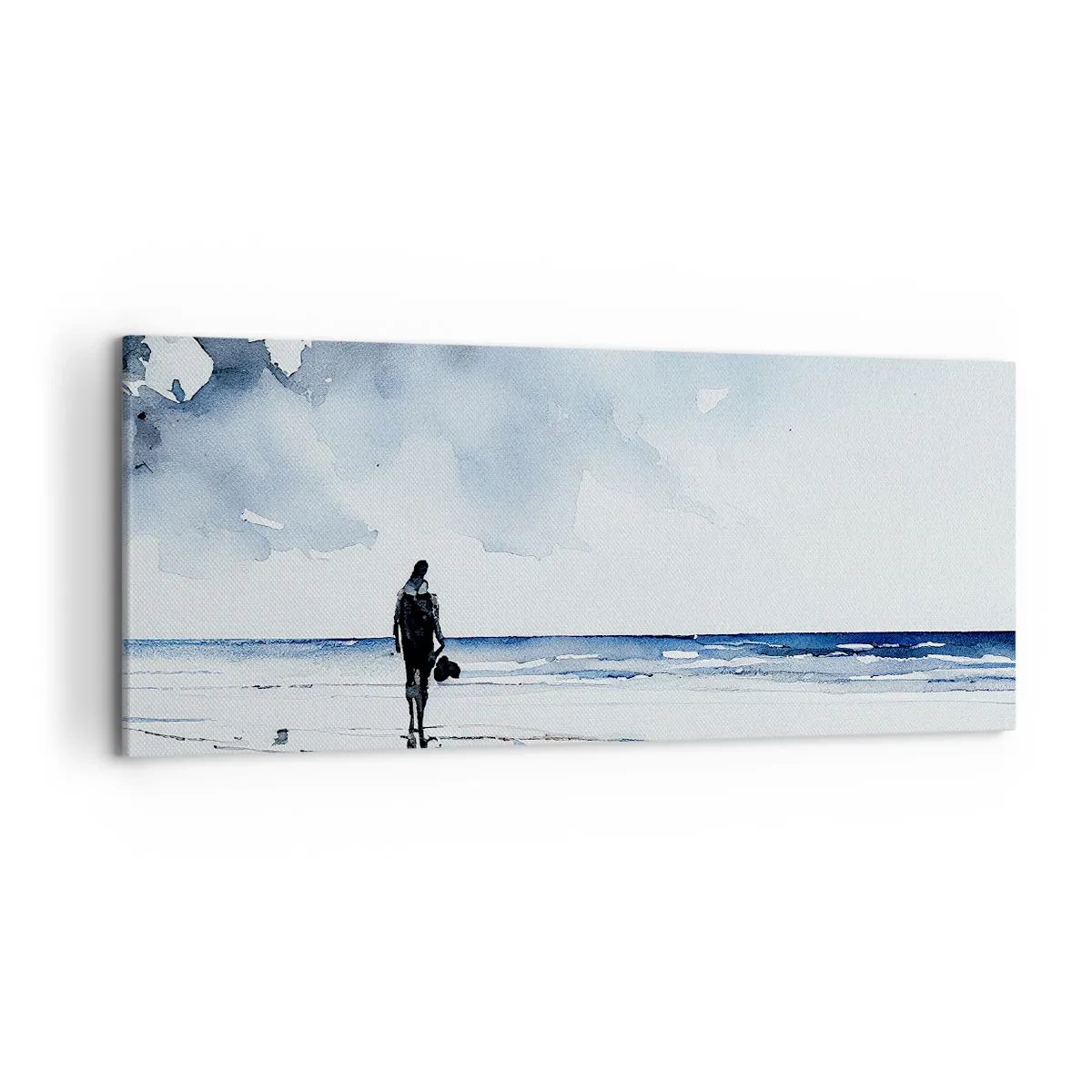 Bild auf Leinwand - Leinwandbild - Eine Figur an einem Strand in einer ruhigen Meeresumgebung - 120x50cm - Gespräch mit dem Meer - Moderne Wanddekoration für Wohnzimmer und Schlafzimmer ARTTOR