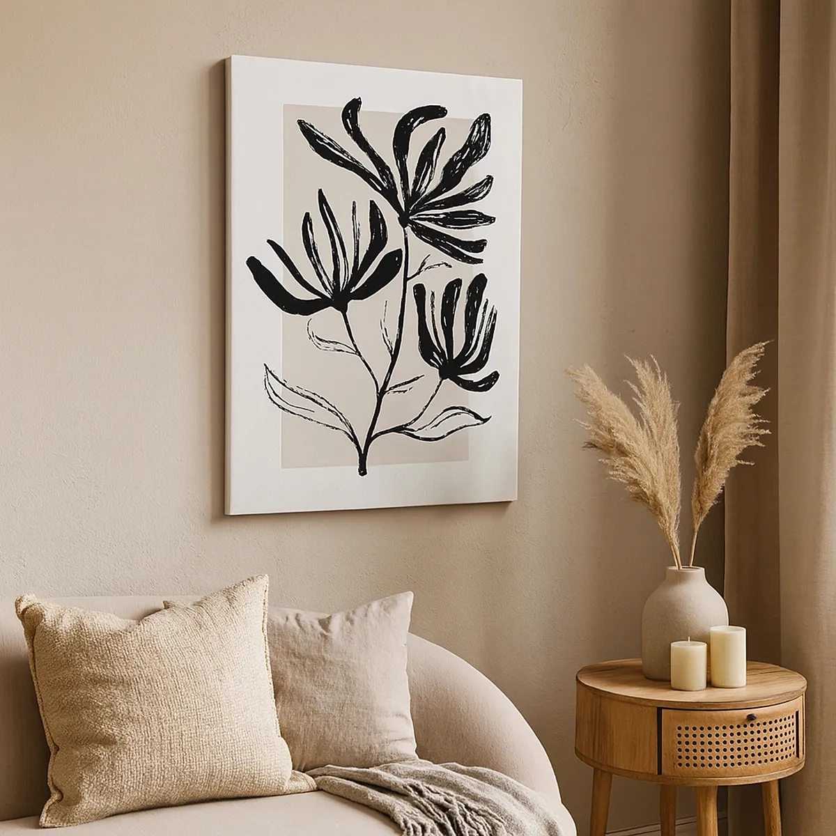Bild auf Leinwand - Leinwandbild - Minimalistisches schwarz-weißes Blumenmotiv - 50x70cm - Skizze für das Herbarium - Moderne Wanddekoration für Wohnzimmer und Schlafzimmer ARTTOR