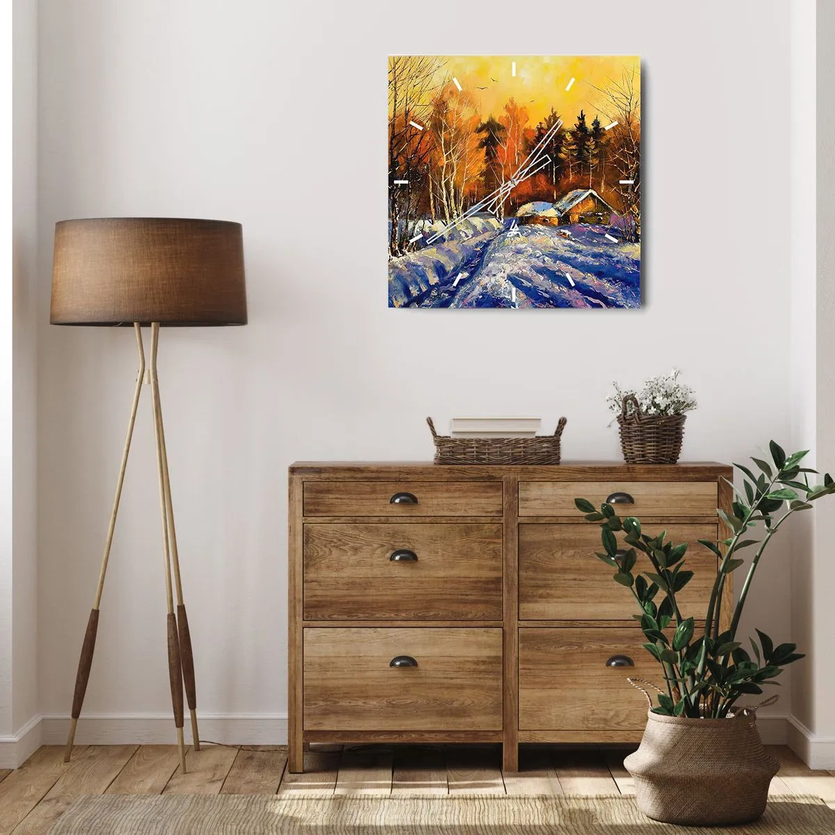 Wanduhr - Glasuhr - Winterlandschaft mit einem Haus im Licht der untergehenden Sonne - 30x30cm - Wintereindruck in der Sonne - Moderne Wanddekoration für Wohnzimmer und Schlafzimmer ARTTOR