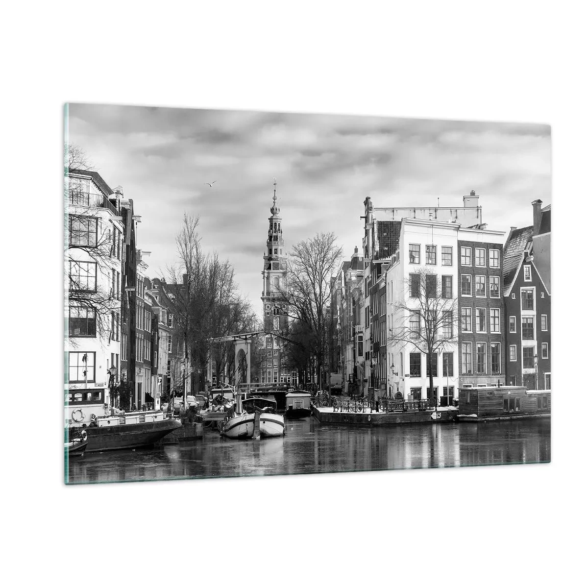 Glasbild - Bild auf glas - Schwarz-Weiß-Ansicht eines Kanals in Amsterdam - 120x80cm - Amsterdamer Atmosphäre - Moderne Wanddekoration für Wohnzimmer und Schlafzimmer ARTTOR
