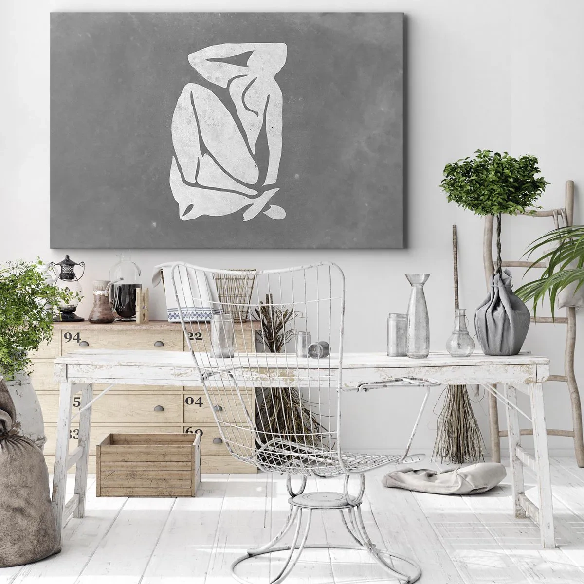 Bild auf Leinwand - Leinwandbild - Eine minimalistische Silhouettenzeichnung auf grauem Hintergrund - 120x80cm - In Gedanken versunken - Moderne Wanddekoration für Wohnzimmer und Schlafzimmer ARTTOR