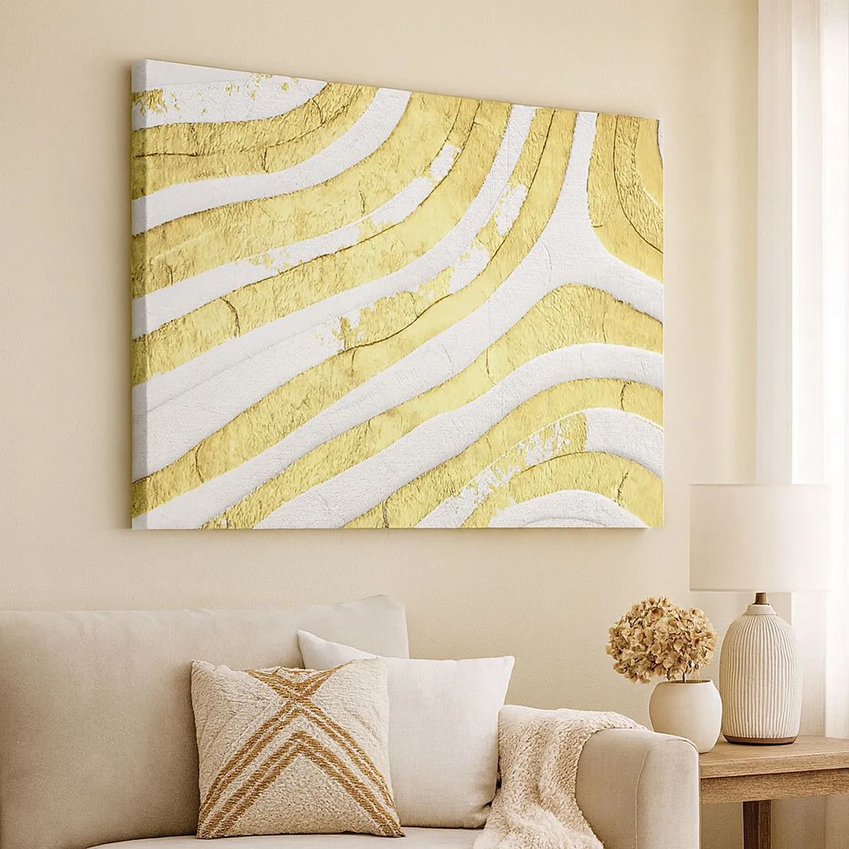 Bild auf Leinwand - Leinwandbild - Gold- und Weiß-abstrakte Linien in einer 3D-Textur - 70x50cm - Komposition in Weiß und Gold - Moderne Wanddekoration für Wohnzimmer und Schlafzimmer ARTTOR