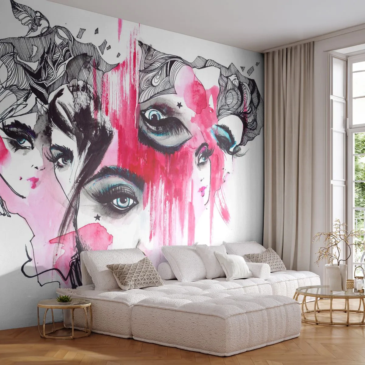 Fototapete Premium Sand - Das Gesicht einer Frau in einer ausdrucksstarken Aquarell- und Skizzenkomposition - 100x70cm - Abstrakte Augen - Moderne Wanddekoration für Wohnzimmer und Schlafzimmer ARTTOR