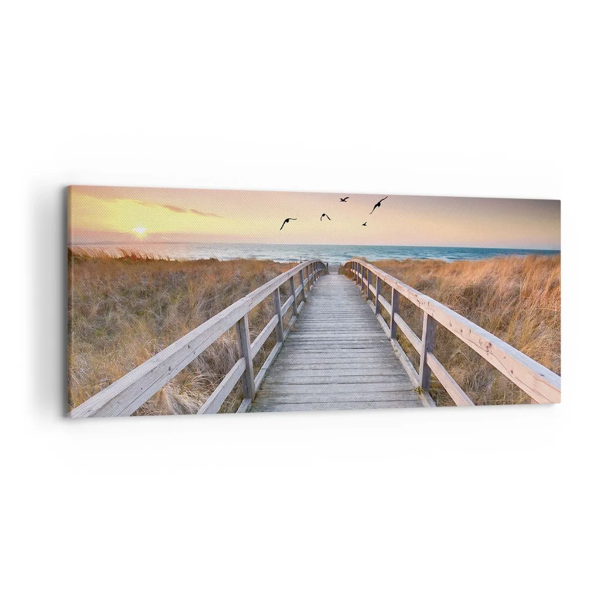 Bild auf Leinwand - Leinwandbild - Holzsteg zum Strand bei Sonnenuntergang - 120x50cm - Der Raum für Auffliegen - Moderne Wanddekoration für Wohnzimmer und Schlafzimmer ARTTOR
