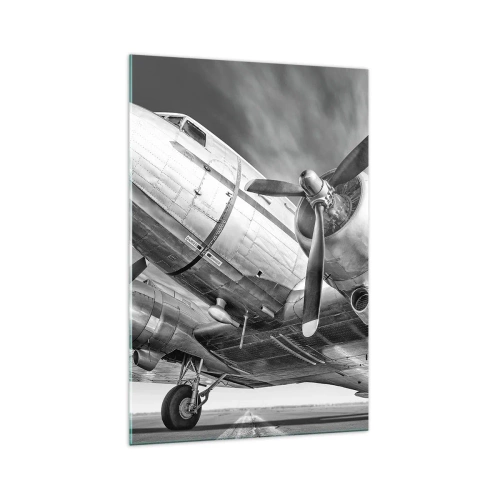 Glasbild - Bild auf glas - Ein Schwarzweißbild eines klassischen Flugzeugs mit sichtbaren Strukturdetails. - 70x100cm - Immer flugbereit - Moderne Wanddekoration für Wohnzimmer und Schlafzimmer ARTTOR