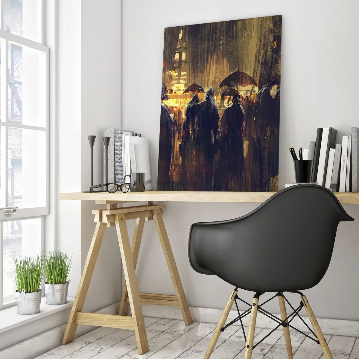 Glasbild - Bild auf glas - Figuren mit Regenschirmen in einer verregneten Stadt bei Nacht - 80x120cm - Anhänger des Regens - Moderne Wanddekoration für Wohnzimmer und Schlafzimmer ARTTOR