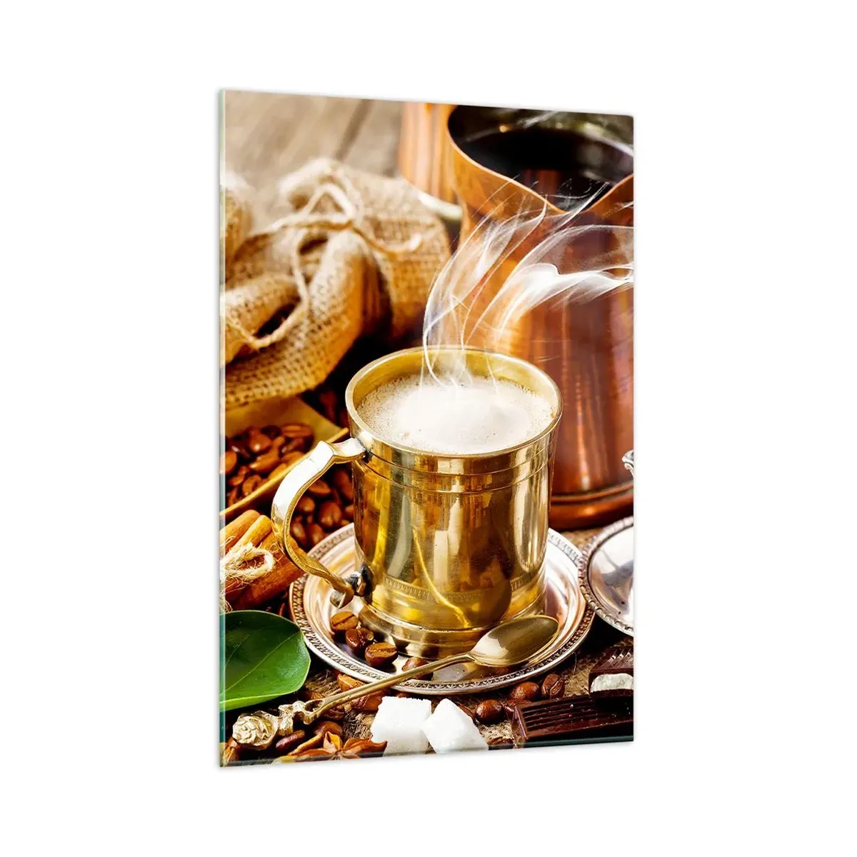 Glasbild - Bild auf glas - Eine goldene Tasse Kaffee, umgeben von Bohnen, Krügen und Croissants - 80x120cm - Schönen Tag noch! - Moderne Wanddekoration für Wohnzimmer und Schlafzimmer ARTTOR