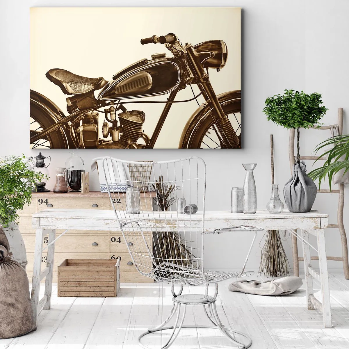 Bild auf Leinwand - Leinwandbild - Ein Vintage-Retro-Motorrad auf hellem Hintergrund - 120x80cm - Sehnsucht nach den Klassikern - Moderne Wanddekoration für Wohnzimmer und Schlafzimmer ARTTOR