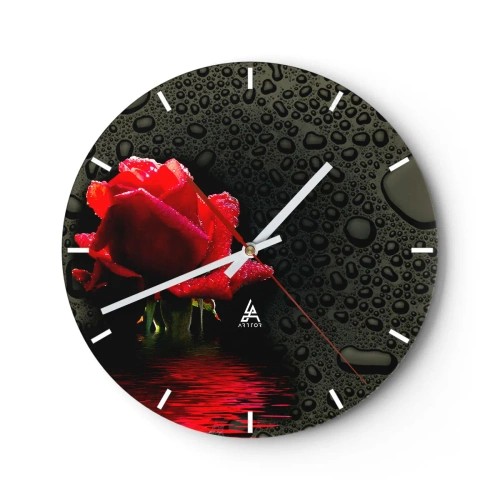 Wanduhr - Glasuhr - Rote Rose mit Wassertropfen auf schwarzem Hintergrund - 30x30cm - rot und Schwarz - Moderne Wanddekoration für Wohnzimmer, Küche und Schlafzimmer ARTTOR