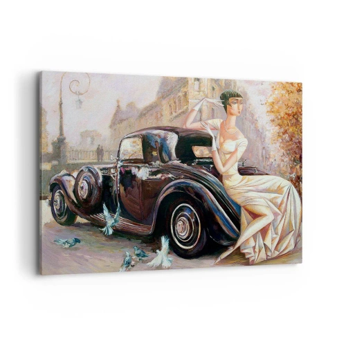 Bild auf Leinwand - Leinwandbild - Retro-Frau neben Oldtimer - 120x80cm - Eleganz im Retro-Stil - Moderne Wanddekoration für Wohnzimmer und Schlafzimmer ARTTOR