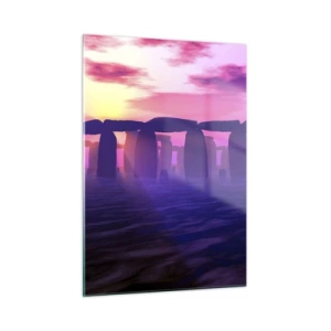 Glasbild - Bild auf glas - Stonehenge im Licht eines rosa Sonnenuntergangs - 50x70cm - Geheimnis im Morgengrauen im Nebel - Moderne Wanddekoration für Wohnzimmer und Schlafzimmer ARTTOR