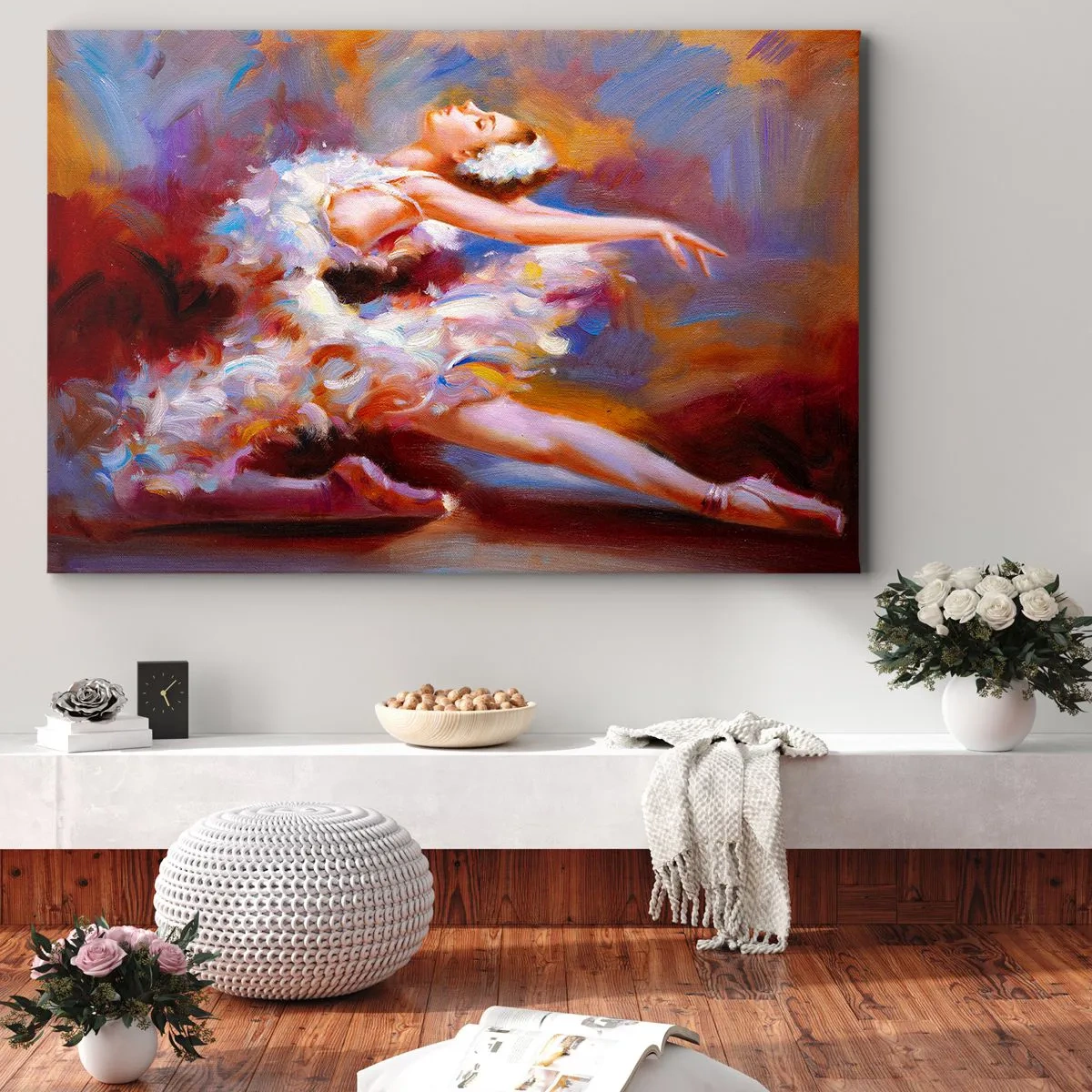 Bild auf Leinwand - Leinwandbild - Eine Ballerina in dynamischer Pose inmitten von Pastellfarben. - 70x50cm - Schwan Gnade - Moderne Wanddekoration für Wohnzimmer und Schlafzimmer ARTTOR