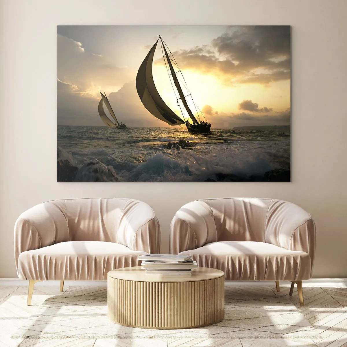 Glasbild - Bild auf glas - Segelboote in stürmischer See bei Sonnenuntergang - 70x50cm - Mit dem Wind und gegen den Wind - Moderne Wanddekoration für Wohnzimmer und Schlafzimmer ARTTOR