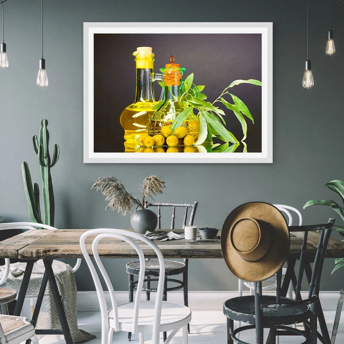 Poster in einem weißen Rahmen - Stillleben mit Oliven und Olivenöl - 50x40 cm